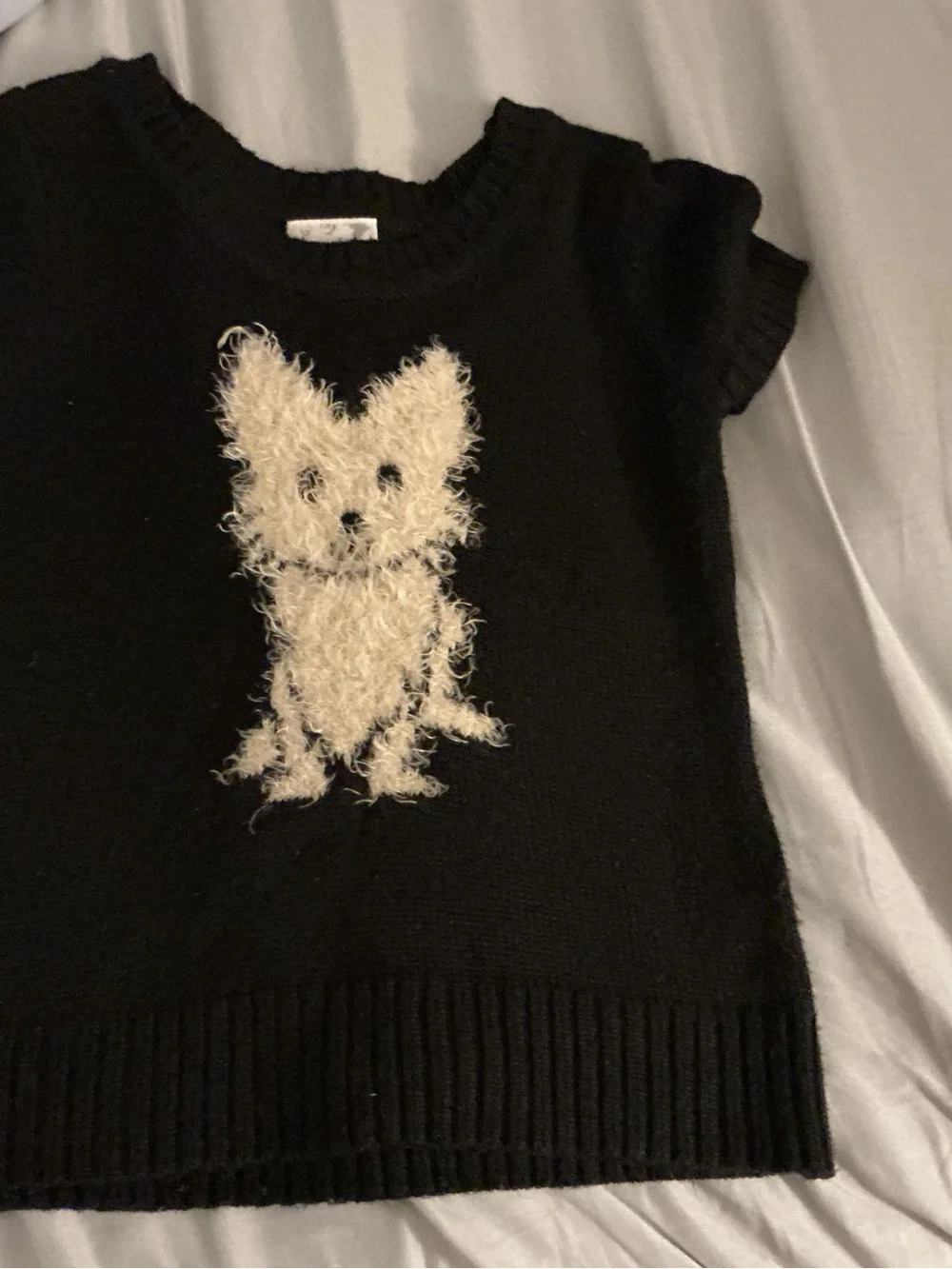 Justice Black Short-Sleeve Sweater with Cream Fuzzy Dog Motif